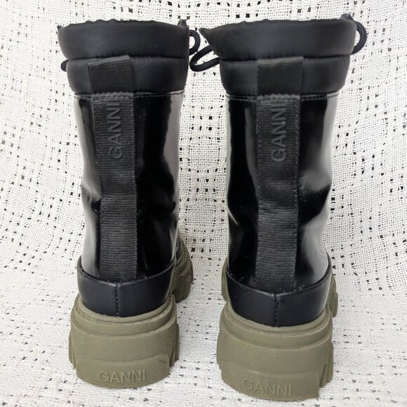 GANNI Ankle Combat Boots US5 EU35 Black Leather and Quilted Nylon - Picture 2 of 7